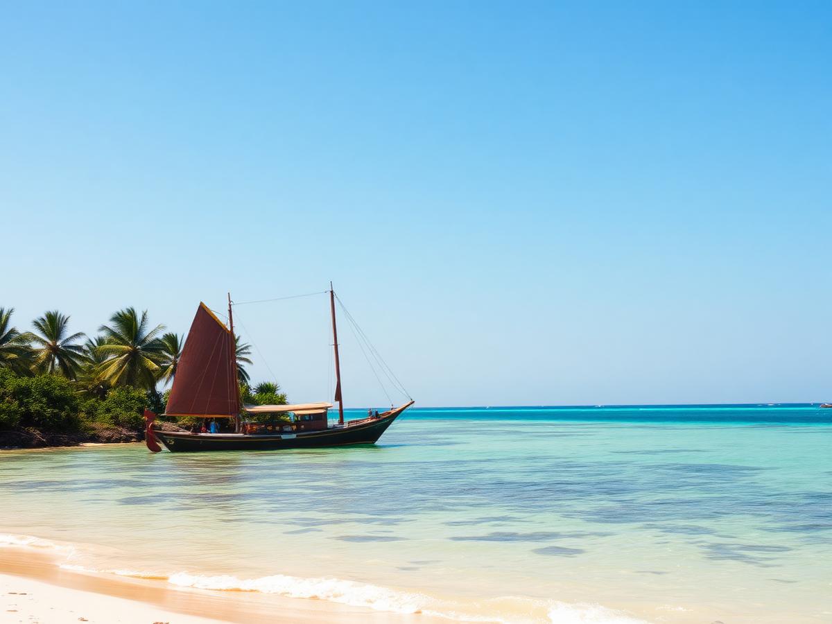 Traditional dhow anchored on a turquoise Kenyan coastline