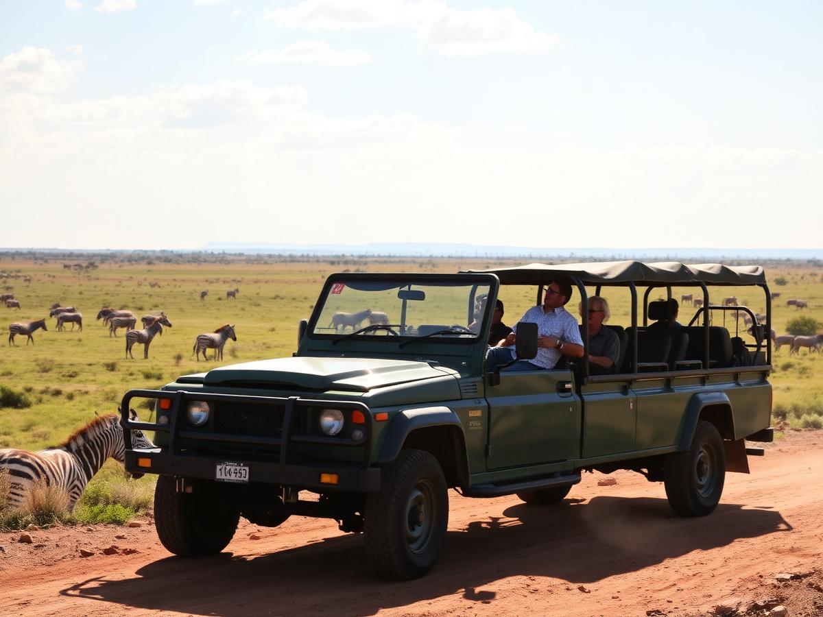 Safari vehicle on a game drive beside grazing zebras